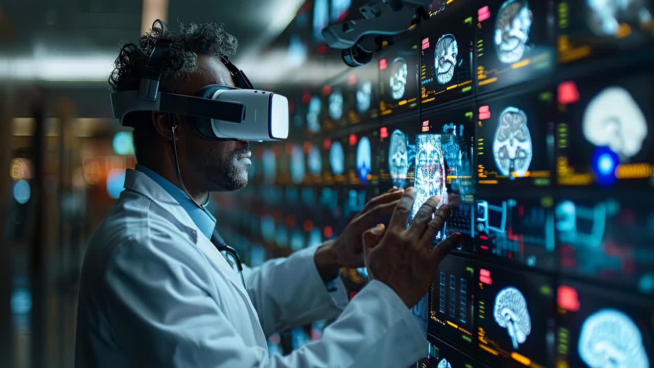 VR in medical research. A researcher uses virtual reality to analyze brain data on digital screens in a modern lab
