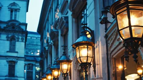 a row of street lamps on the side of a building