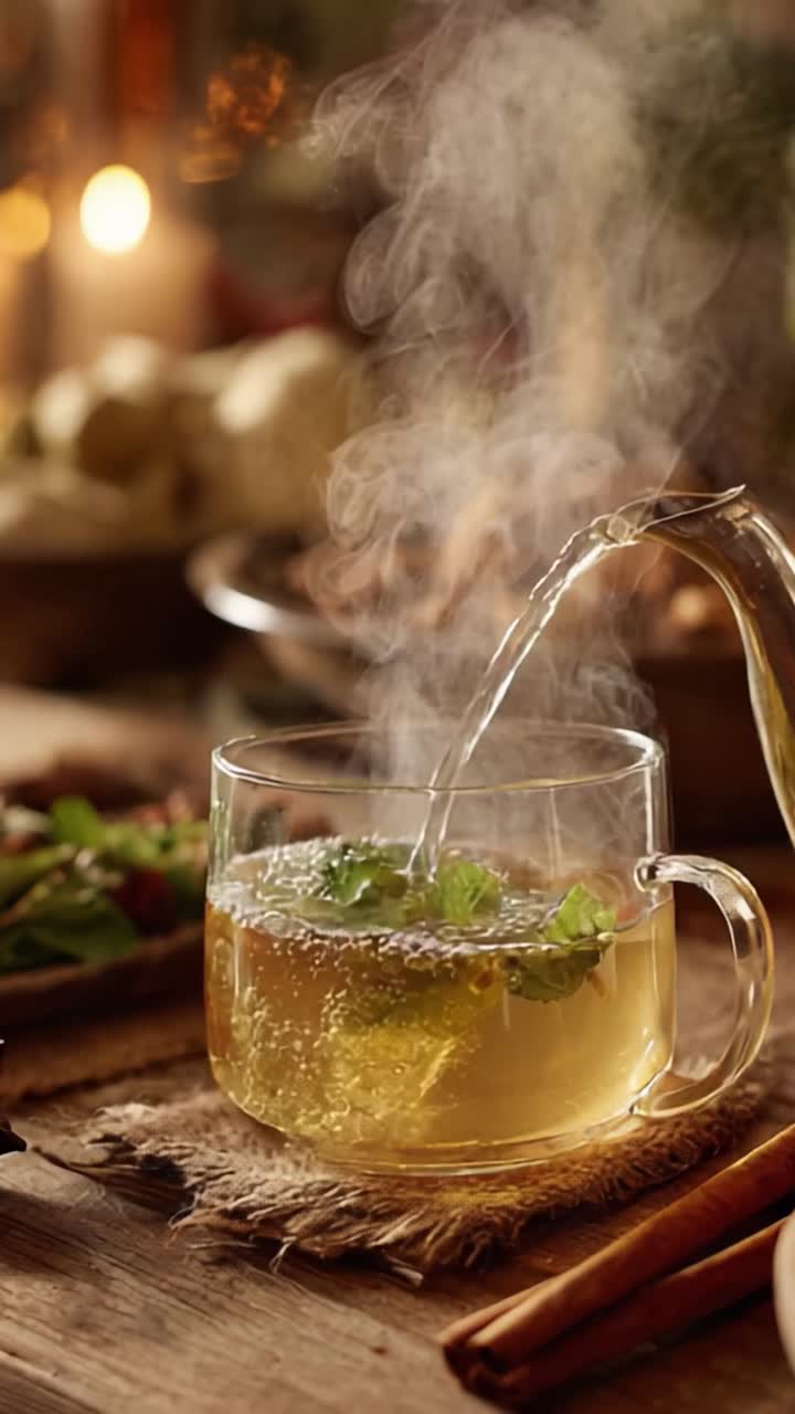 A Cozy Scene of Herbal Tea Preparation with Steam Rising, Capturing the ...