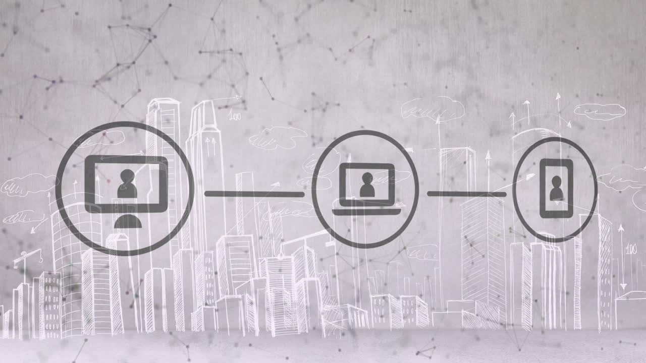 디지털 아이콘 네트워크와 도시 풍경에 대한 연결 네트워크