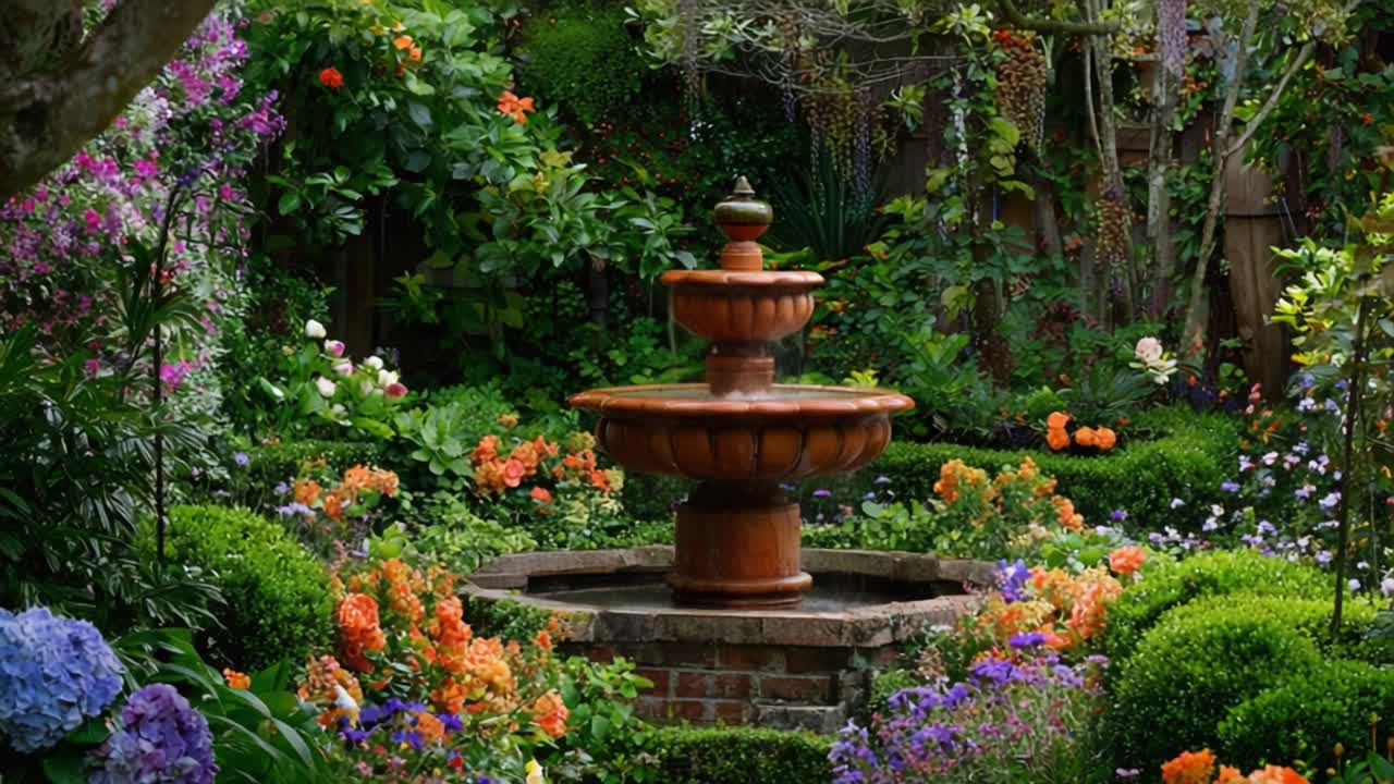A Blooming Oasis: A Captivating Garden Fountain Surrounded by Vibrant Flora, Showcasing Nature's Beauty in a Lush Green Landscape with Multicolored Flowers