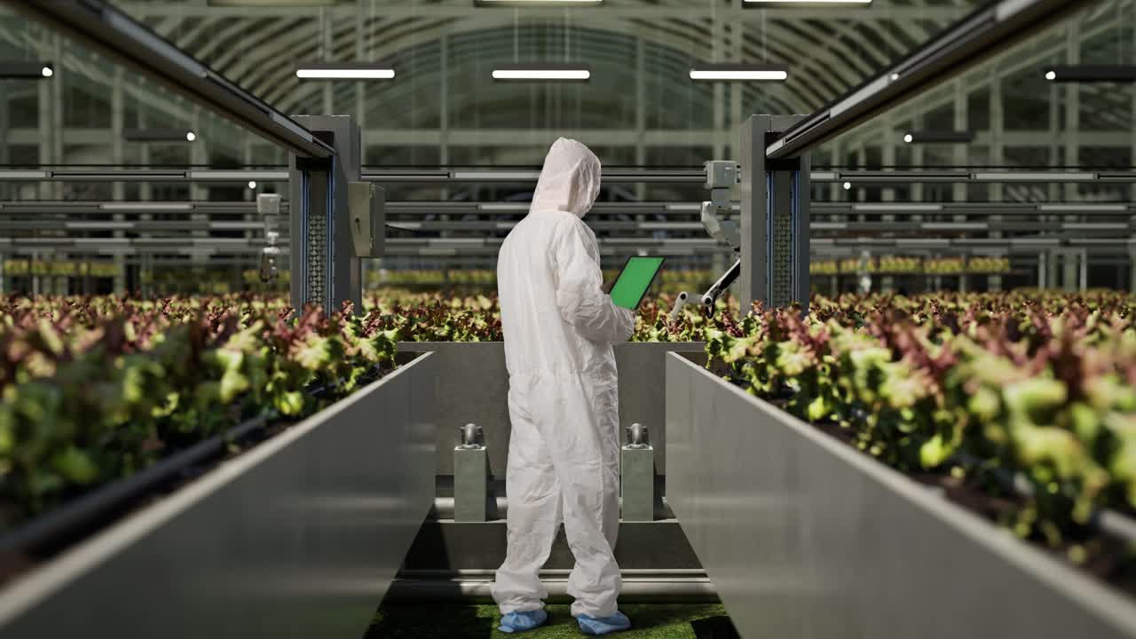 vista trasera del cuerpo completo del hombre investigador mirando la tableta de pantalla verde y mirando a su alrededor mientras está de pie en el invernadero con agricultores robóticos inteligentes