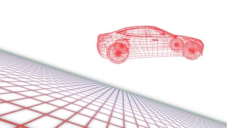 Animation-of-red-3d-car-drawing-spinning-over-grid-on-white-background