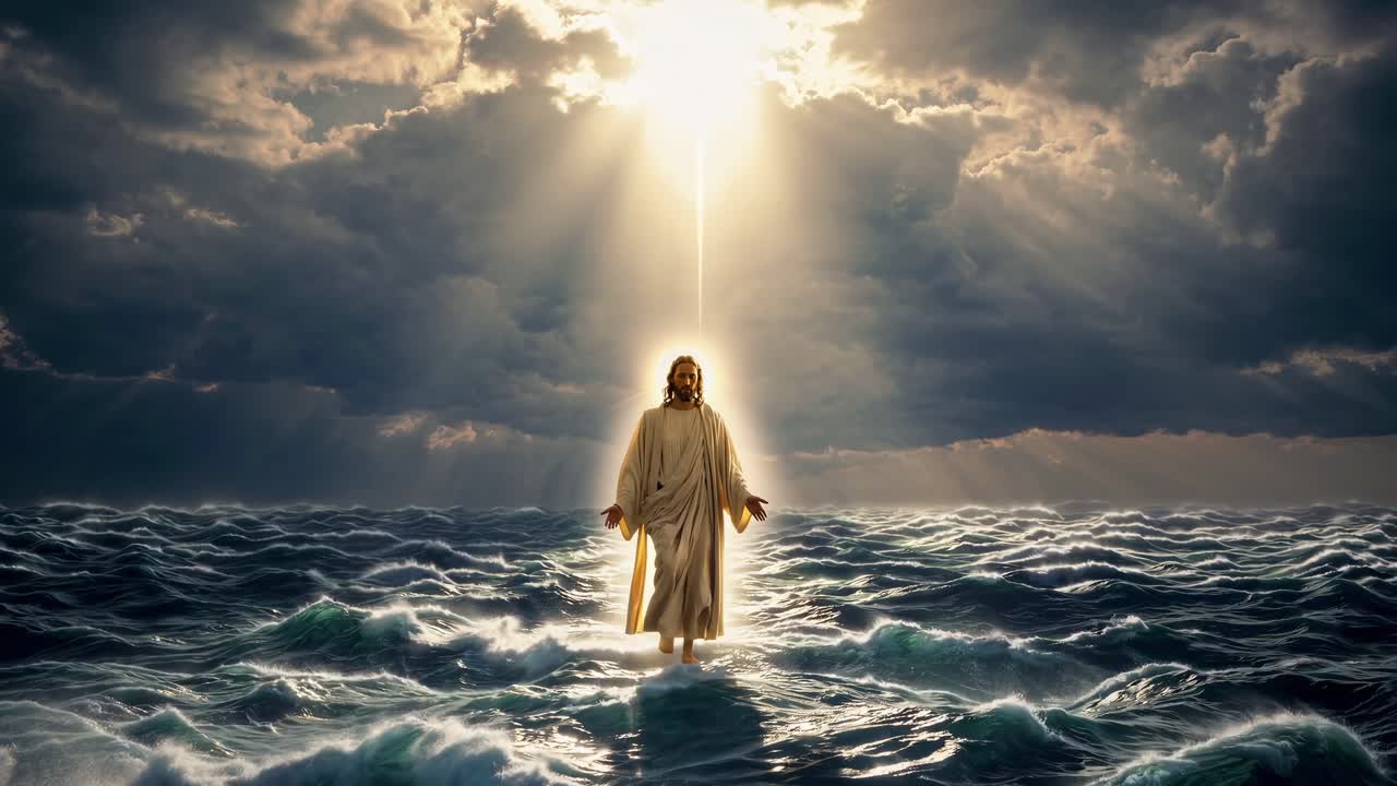 Religious figure walking across stormy ocean waters, dark thunderclouds parting with brilliant sunlight, dramatic biblical scene representing spiritual strength and divine intervention
