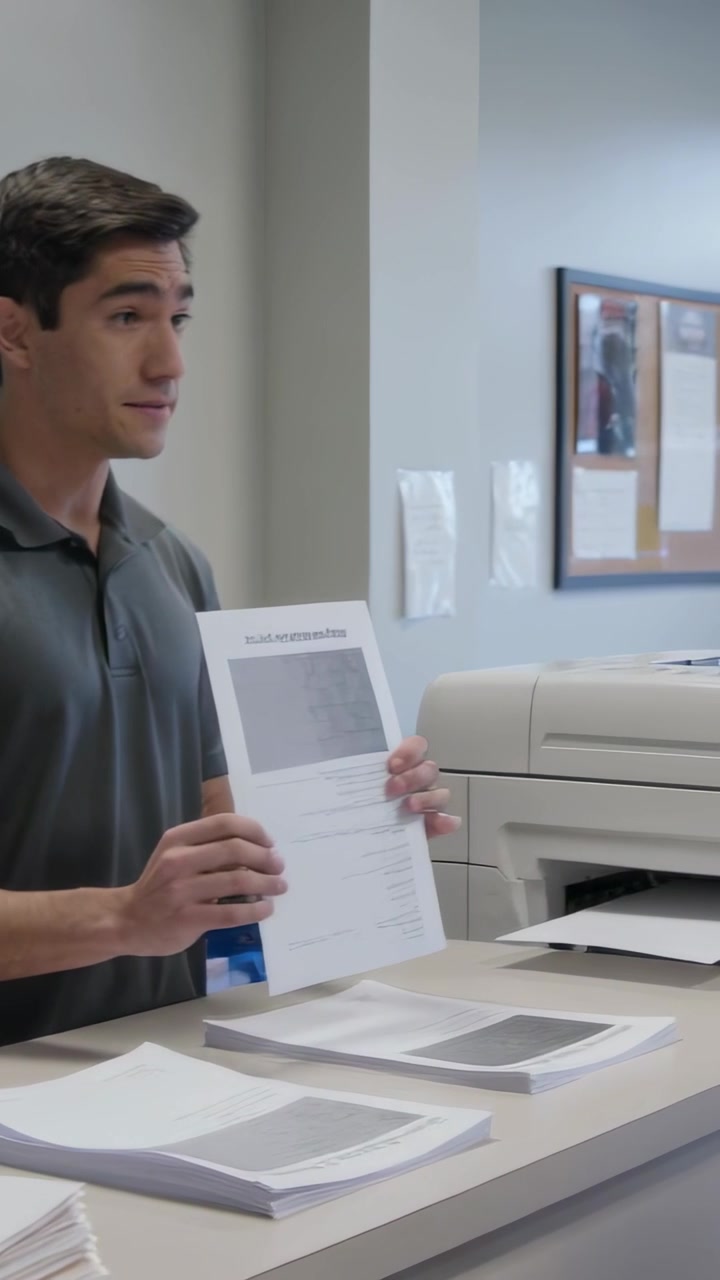 Vídeo vertical: Técnico de polo cinza pegando documentos no balcão enquanto a impressora imprime para o cliente
