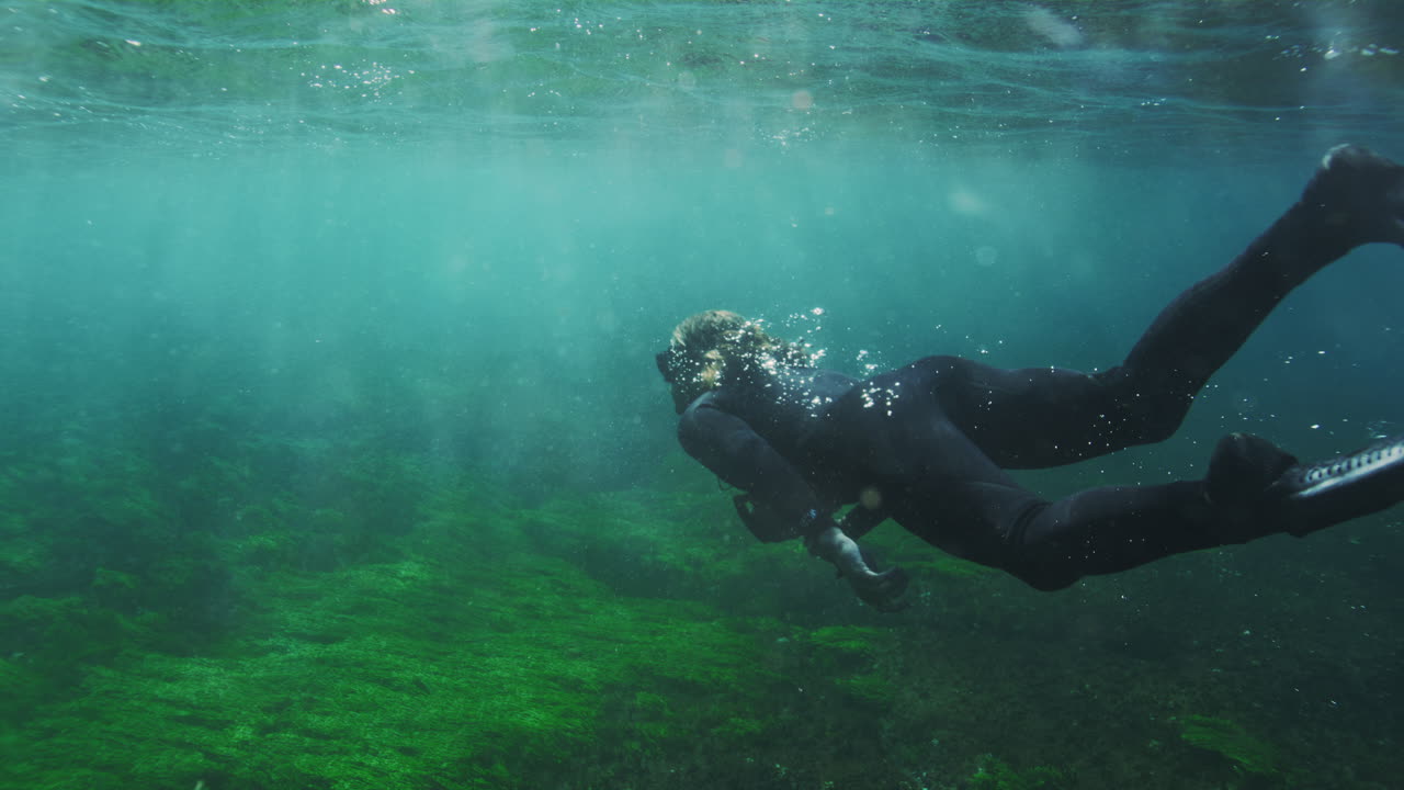 Rearview tracking follows underwater photographer swimming in crystal clear water above seagrass bed with camera