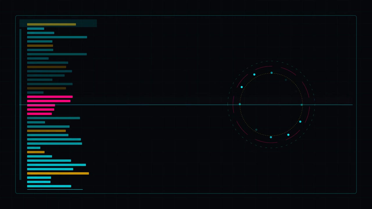Futuristic Digital Interface with Data Visualization and Rotating Circular HUD