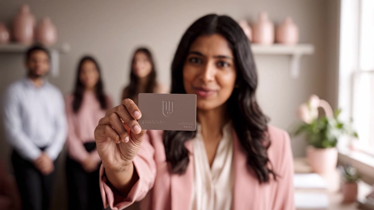 Profesional Confiado Sosteniendo una Tarjeta de Membresía con una Sonrisa en un Elegante Entorno de Oficina Rodeado de Colegas y Decoración en Tonos Pastel Suaves