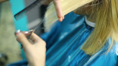 beautiful woman getting haircut by hairdresser in the beauty salon