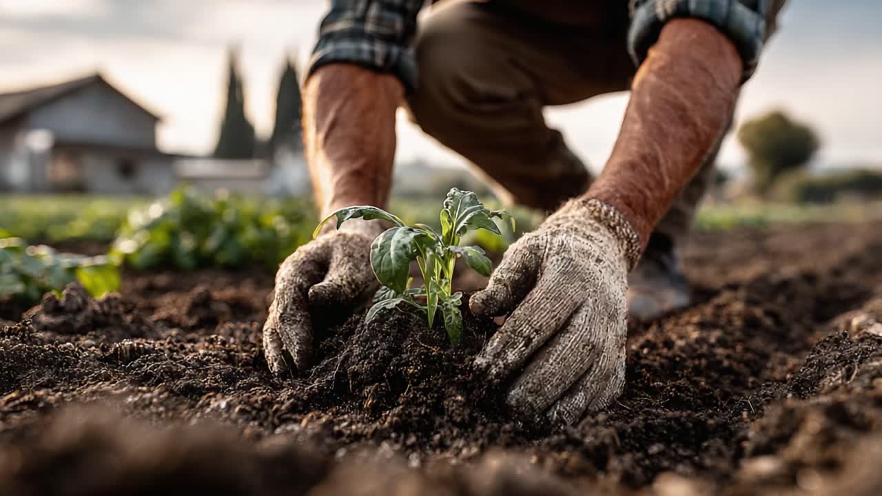 A Gardener's Hands Gently Plant a Young Seedling into Fertile Soil, Nurturing the Growth of Vegetables in a Beautiful Agricultural Setting