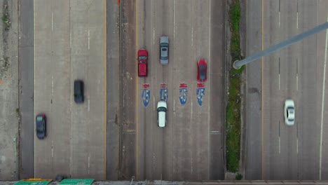 Birds-eye-view-of-cars-on-59-South-freeway-near-downtown-Houston