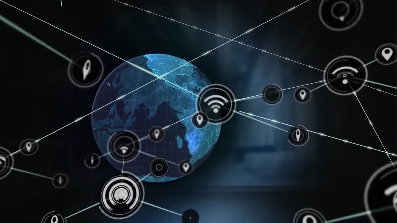 animación de iconos conectados y globo giratorio sobre el almacén en el fondo