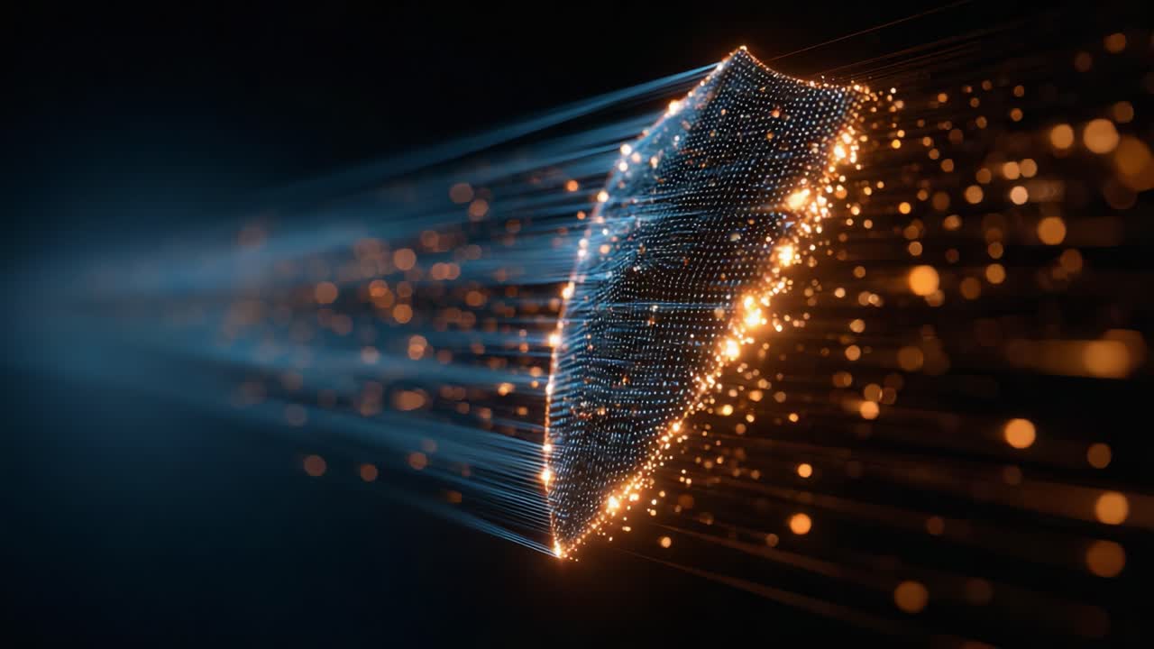 Een abstracte weergave van digitale bescherming: een futuristisch schild bestaande uit glinsterende deeltjes en lichtsporen, dat geavanceerde beveiligingsconcepten in beweging laat zien