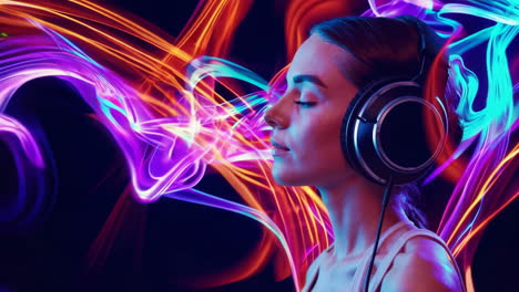 woman listening to music with headphones in a colorful light display