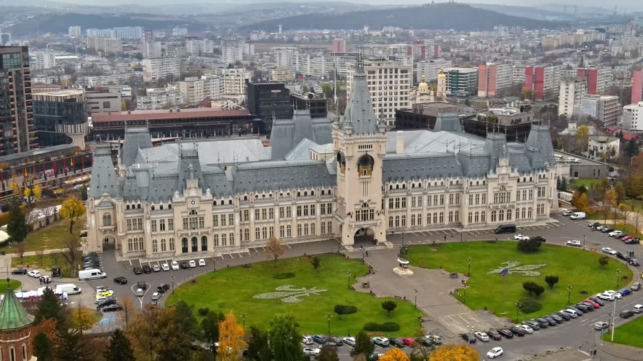Aerial drone view of central buildings in Iasi, Romania. Square in front of it