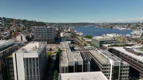 aerial shot passing over corporate business buildings in the south lake union neighborhood of seattle