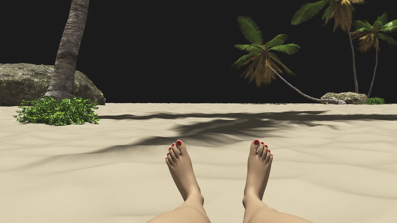 piernas femeninas tomando el sol en la playa entre las palmeras sobre un fondo transparente.