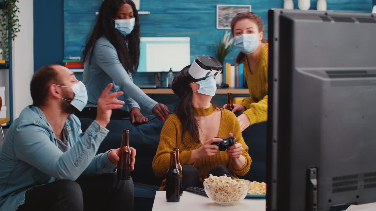 Woman playing video games using virtual reality headset