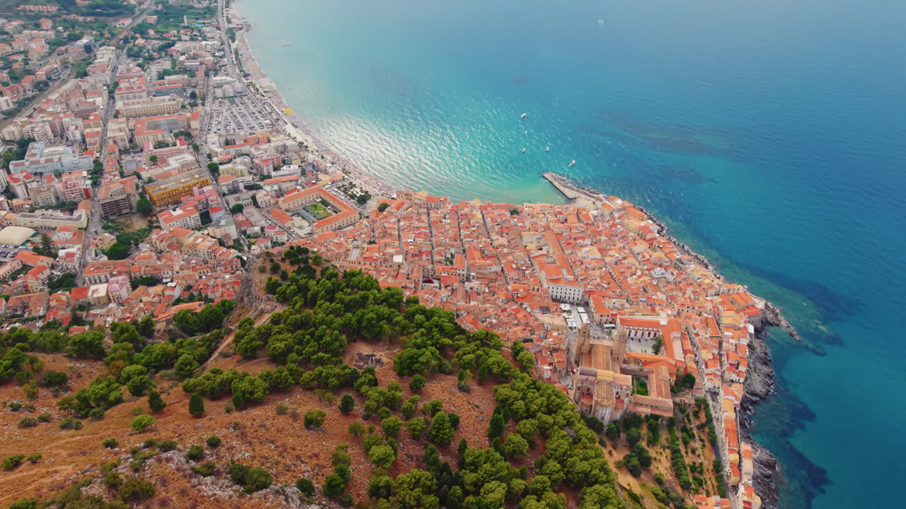 Aerial view of Cefalù, Sicily with coastline and historic townscape