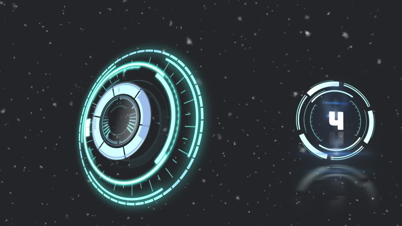 Animation of snow falling over countdown and scope on black background