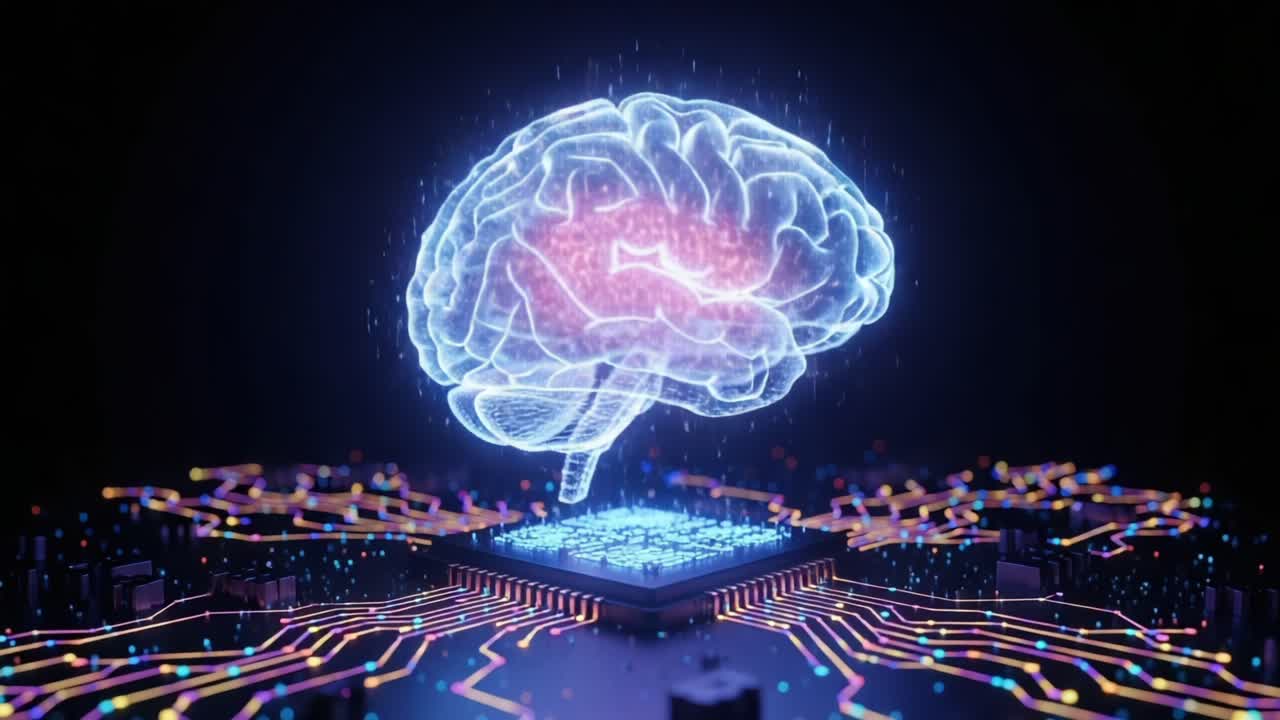 Exploring the Intersection of Technology and Intelligence: A Glowing Digital Brain Representing Neural Networks on a Circuit Board Background