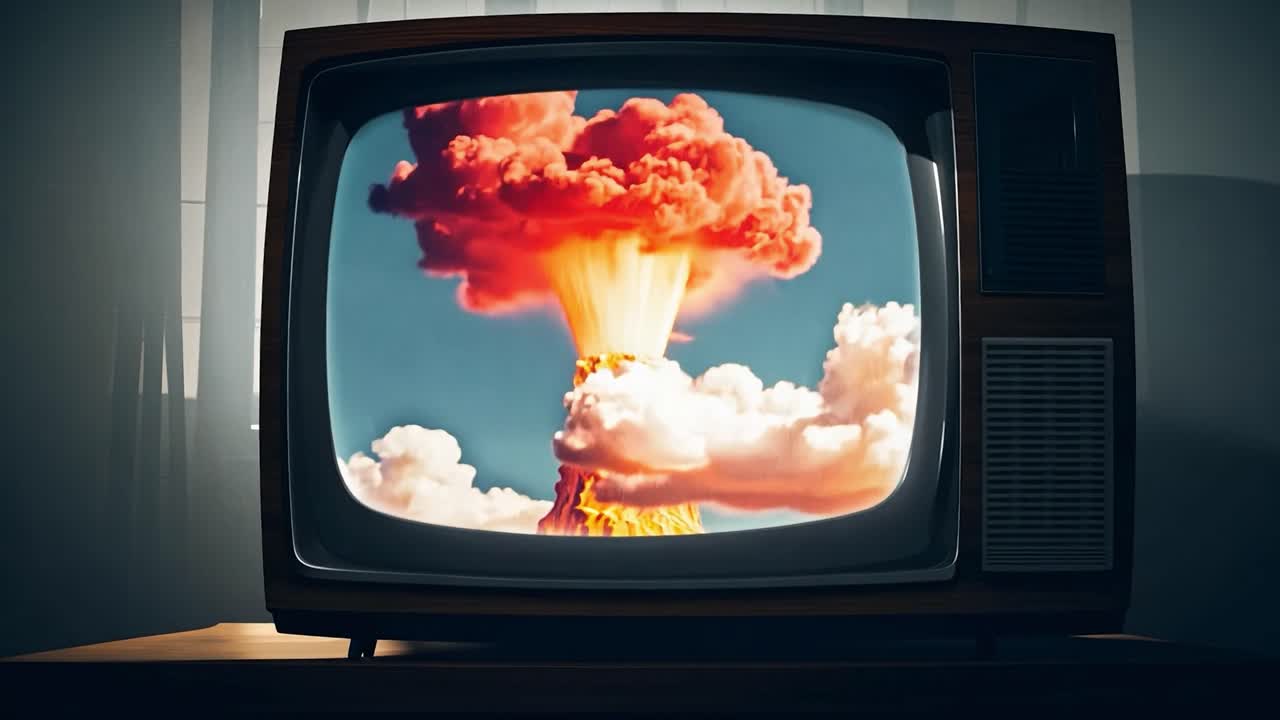 Ein Retro-Fernseher zeigt Aufnahmen einer nuklearen Explosion