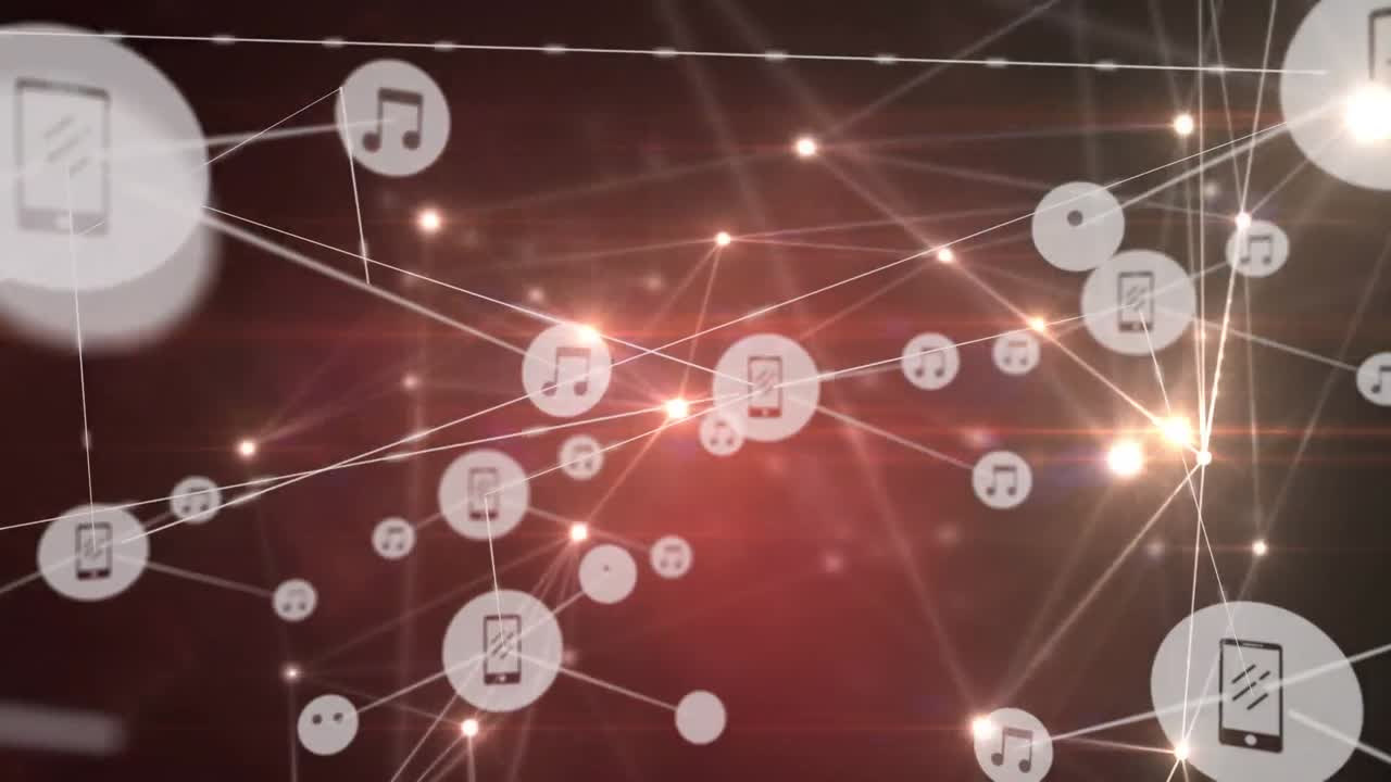 검은색 배경에 아이콘과 빛 반점이 있는 연결 네트워크의 애니메이션