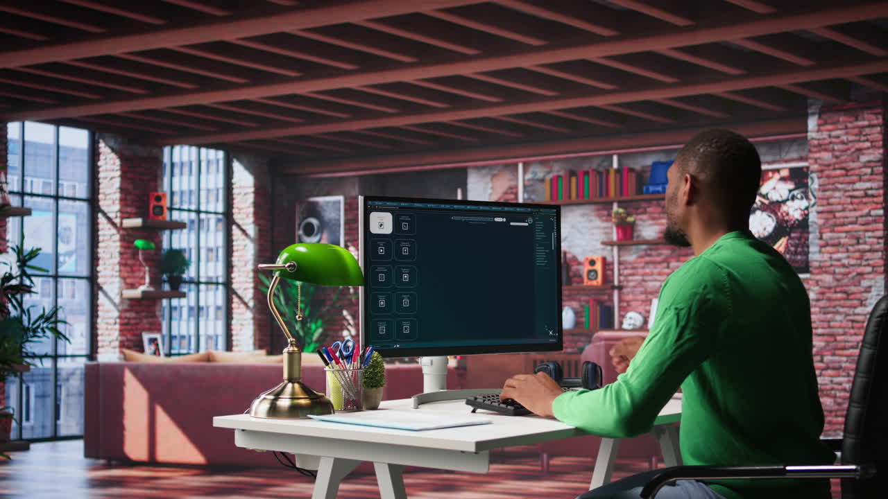 Vertical Video African American worker using generative AI program with photos