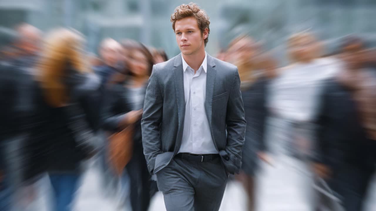 A Young Man in a Suit Walking Confidently Through a Crowded City Street, Distinct Among a Blur of People in Urban Surroundings, Exuding Focus and Determination