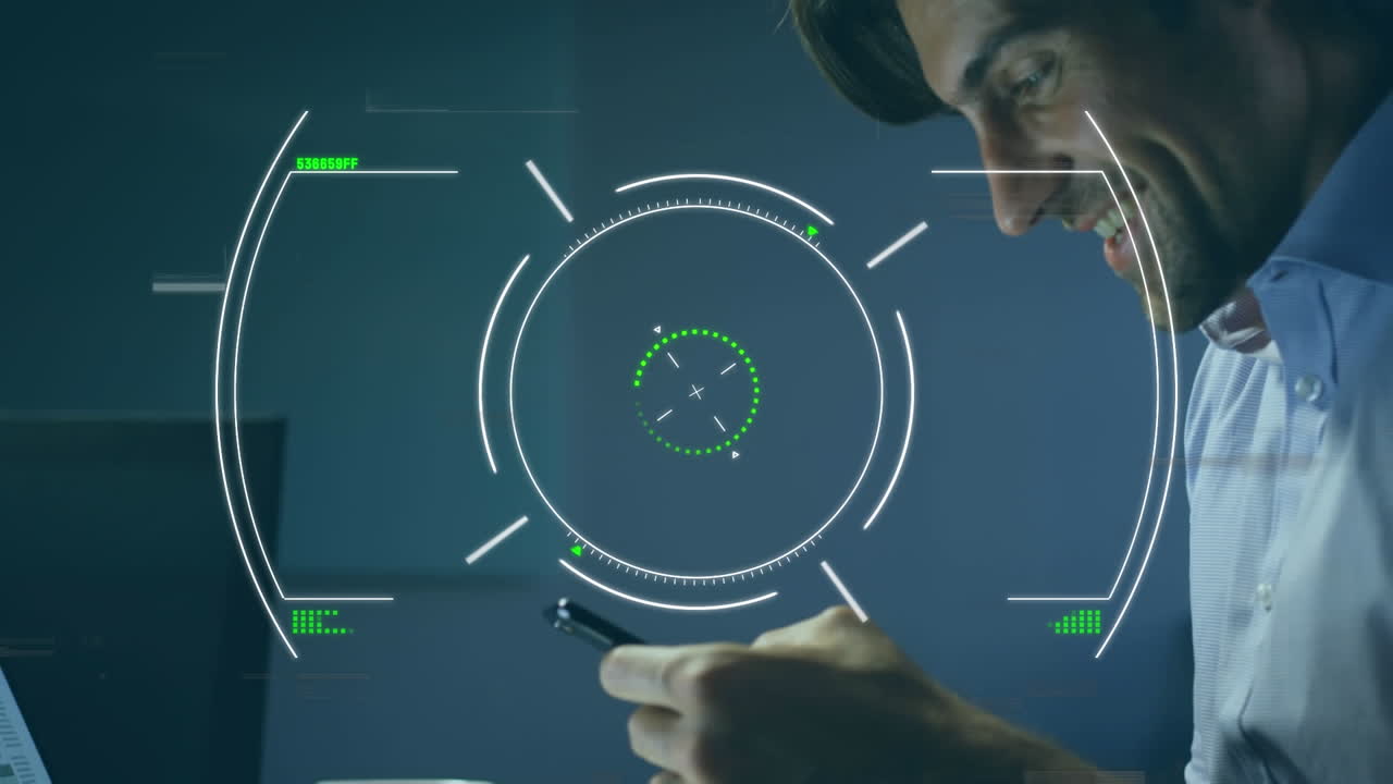 Animation of scope scanning and data processing over woman using smartphone