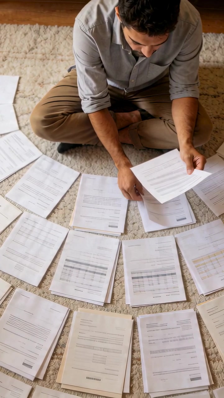 Vertical video: Scanning spread pages, man in gray shirt flipping pages into piles on rug