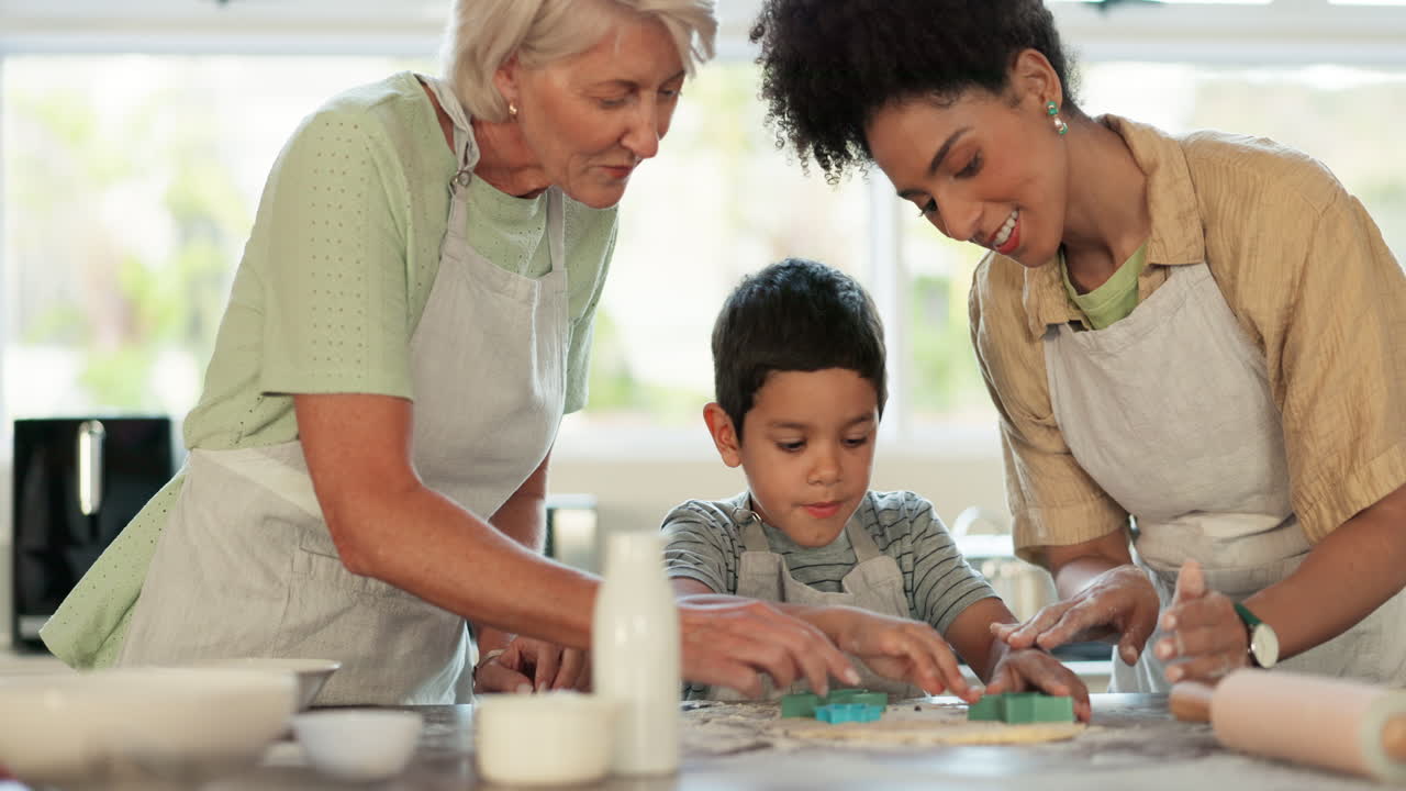 Mother, grandmother and a child baking