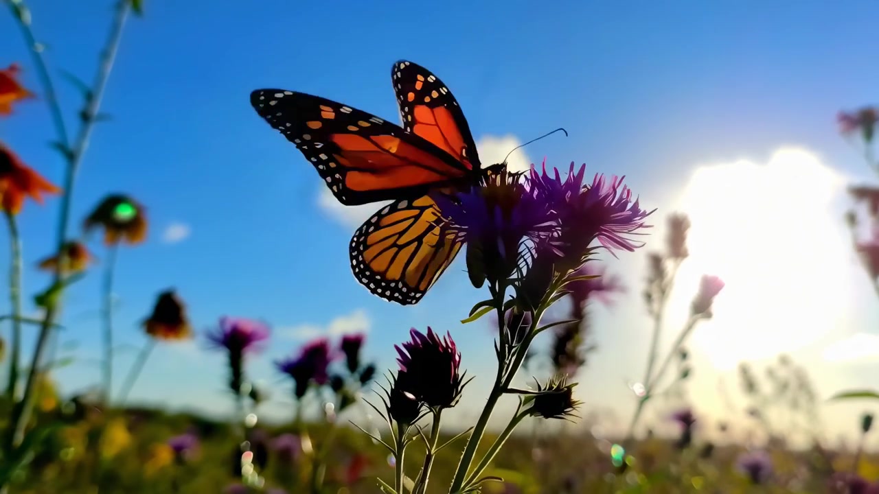 Farfalla monarca che si nutre su un fiore viola in un campo soleggiato