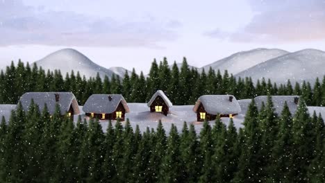 snow falling over winter landscape with trees and houses against clouds in the sky