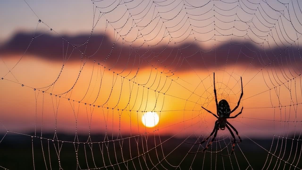 A Beautiful Sunset Scene Featuring a Spider Wisely Positioned in Its Intricate Web with Dew Drops, Showcasing Nature's Artistry and Serenity