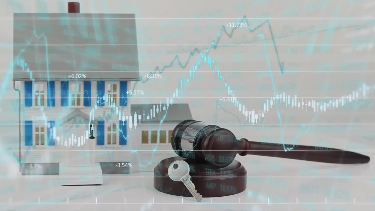Animation of financial data processing over house and gavel