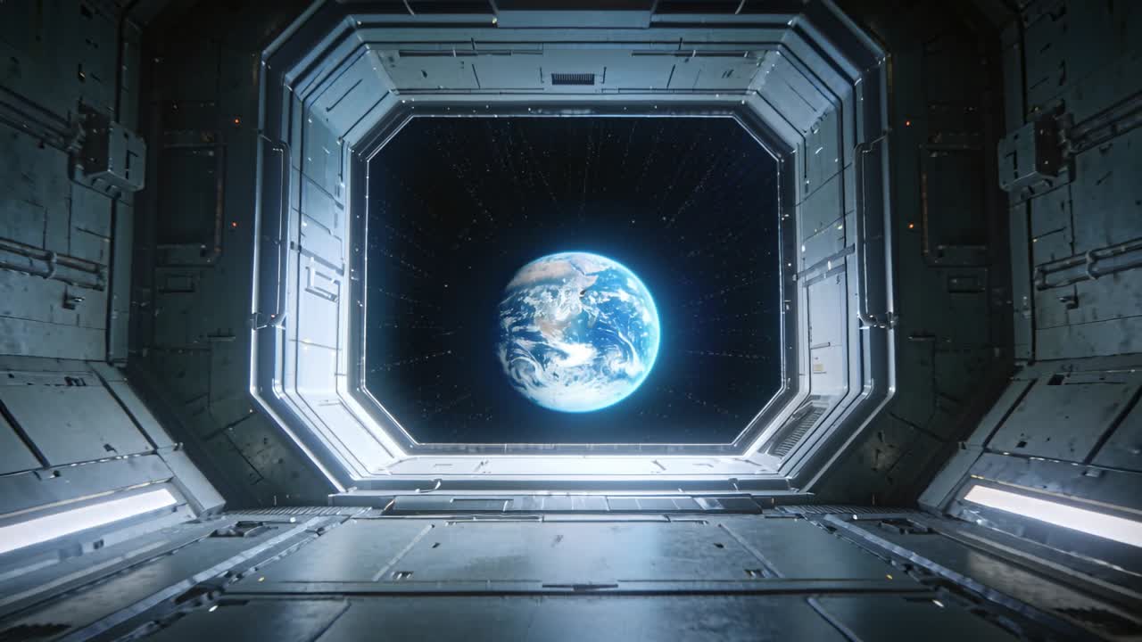 Telecamera in movimento mostra il pianeta Terra attraverso il portello di una stazione spaziale, rivelando lo scafo che incornicia particelle alla deriva.