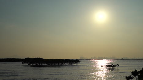 la puesta de sol en cámara lenta en los humedales de pak nai en hong kong supervisando shenzhen china cubierta de niebla