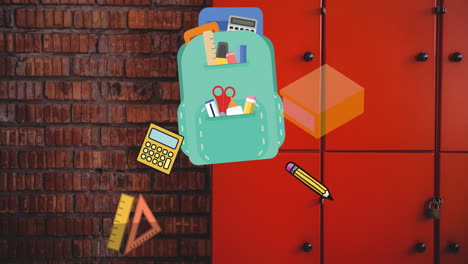 los iconos del concepto escolar flotando contra los armarios rojos en la escuela