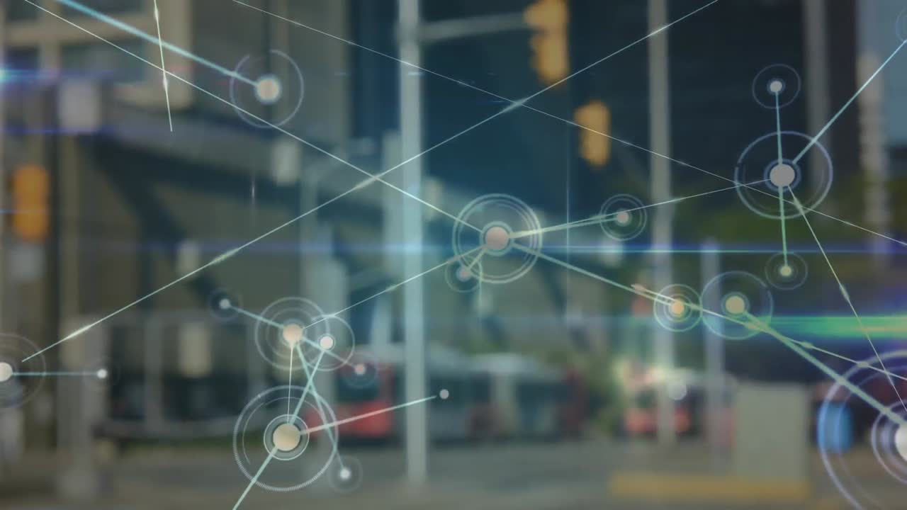 도시 교통에 대한 연결 네트워크와 빛의 경로의 애니메이션