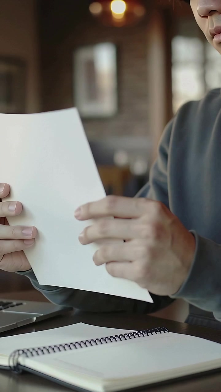 Vertical video: Lifting man in grey top checking paper at cafe aligning on notebook,laptop to write