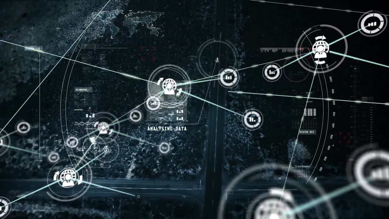 Animation of network of connections with icons over cityscape