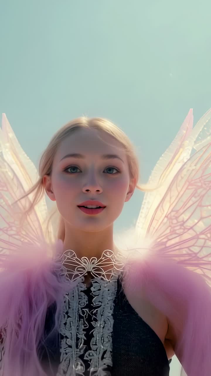 Vertical video: Responding to off-frame cue, model smiling under blue sky, with fairy wings