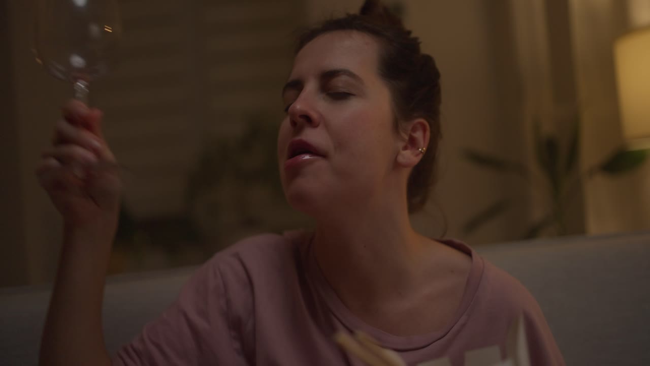 mujer relajándose en casa disfrutando de una bebida y cena