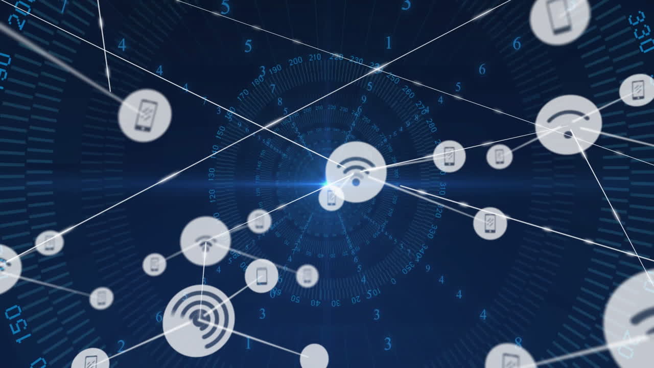 Connected devices and data processing animation on digital blue background