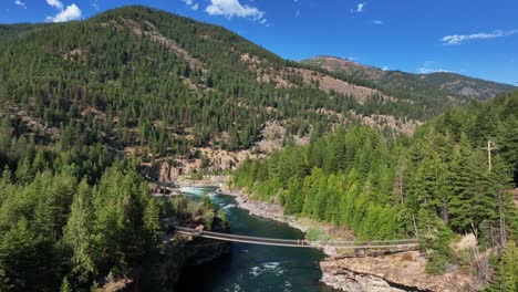 panoramic view of kootenai falls suspension bridge in libby, montana, usa