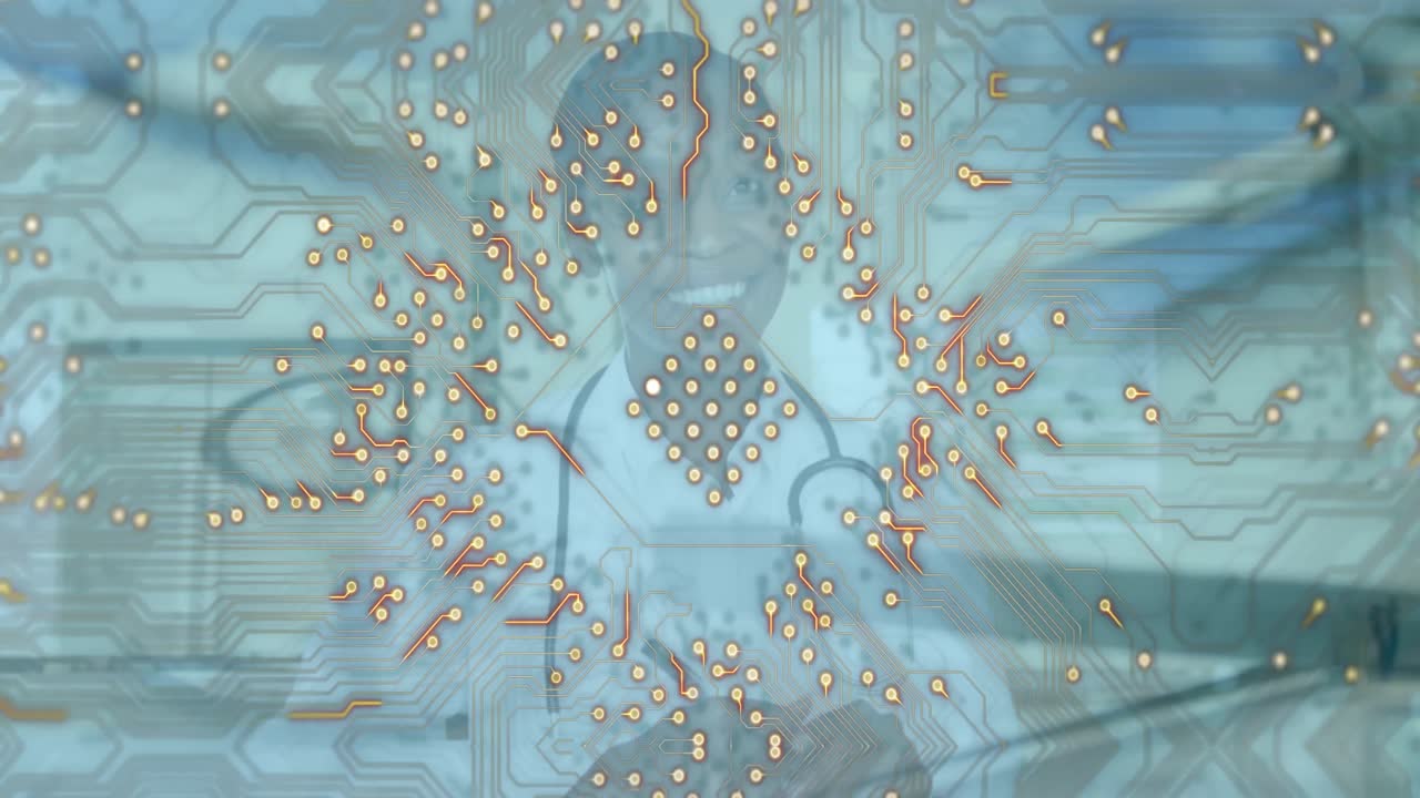 스테토스코프를 가진 행복한 아프리카계 미국인 여성 의사에 대한 데이터 처리 애니메이션