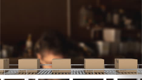animation of packages moving on conveyor belt in warehouse