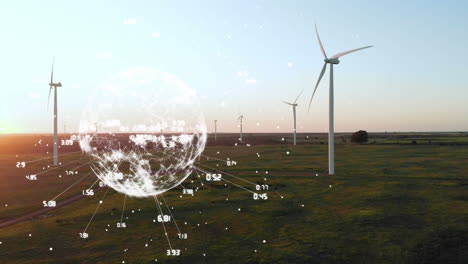 animation of globe with numbers over wind turbines in countryside