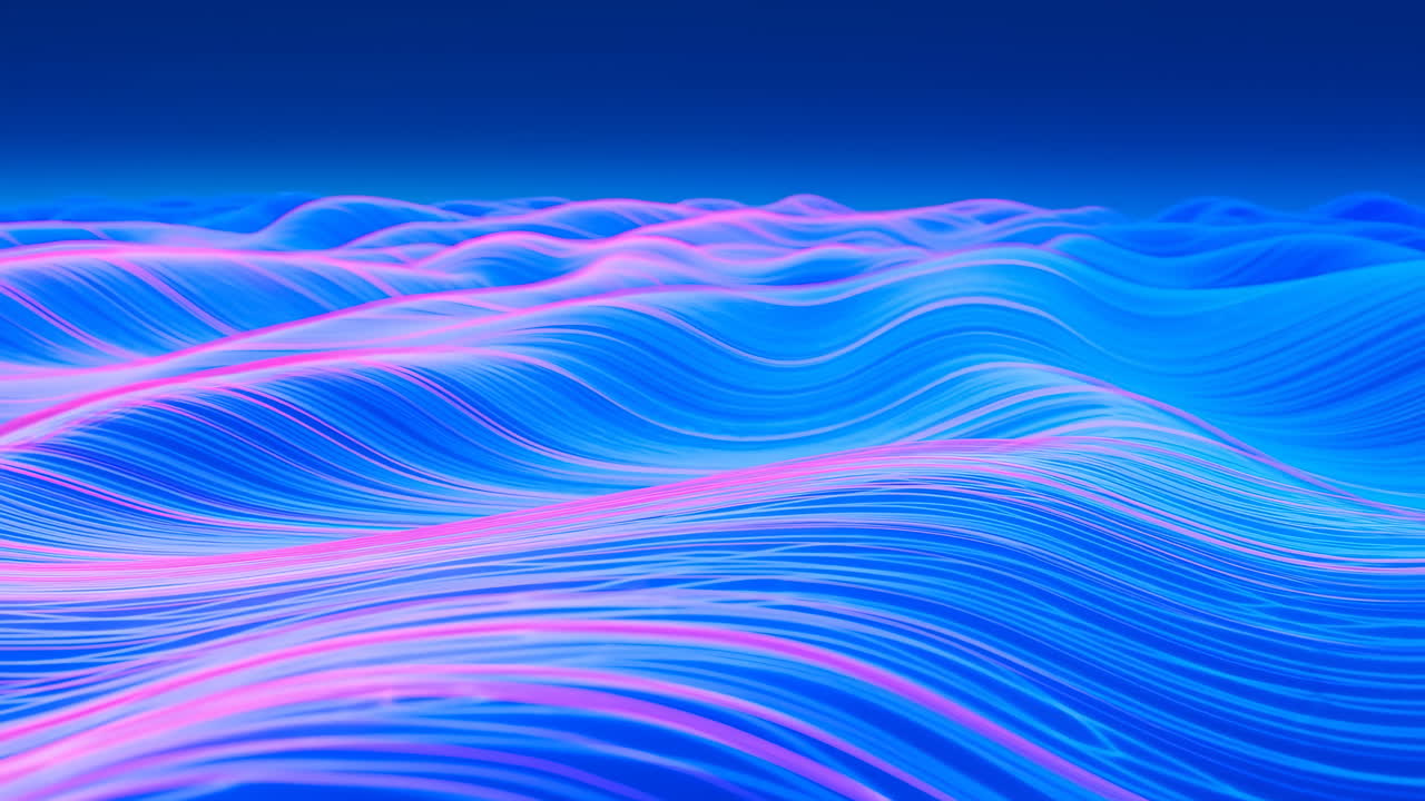 Neon Ribbon Wave Landscape With Flowing Lines, Sweeping Blue And Pink Gradients Creating Serene Ambient Motion